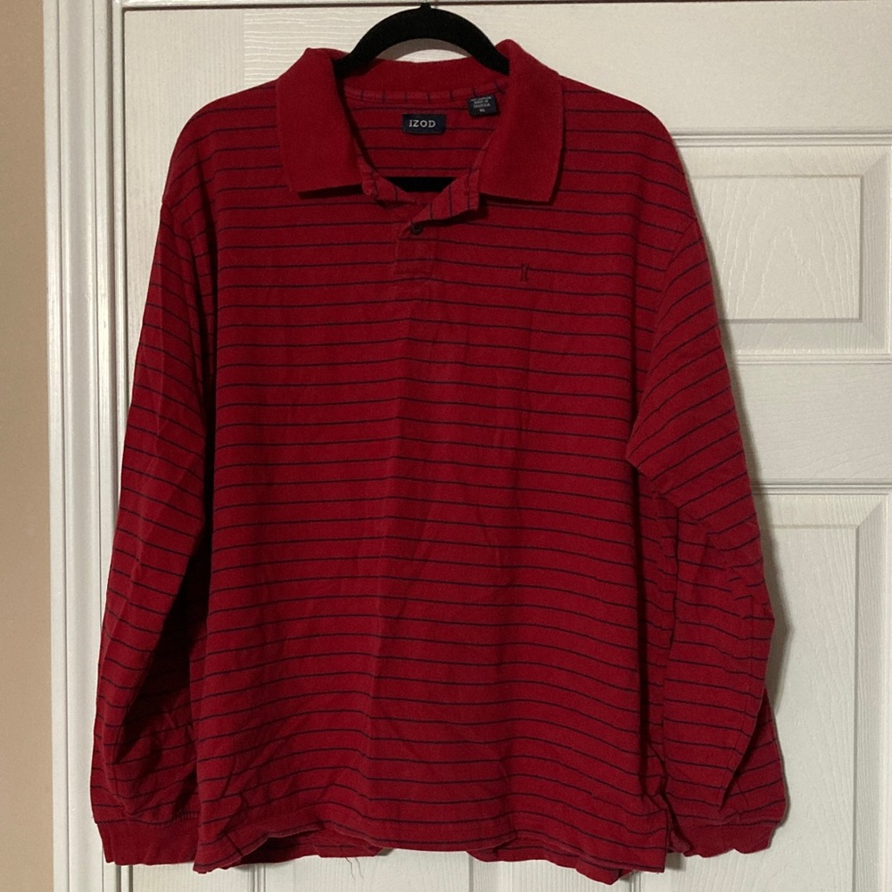 IZOD Men's Long Sleeve Polo Shirt in Red with Navy Stripes - size XL